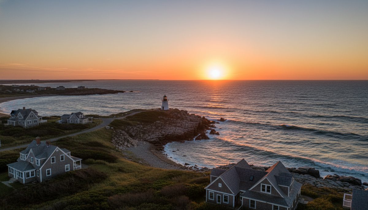 The Rhode Island coast near Newport at sunset with a small Atlantic lighthouse on a rocky headland and warm light on the waves.